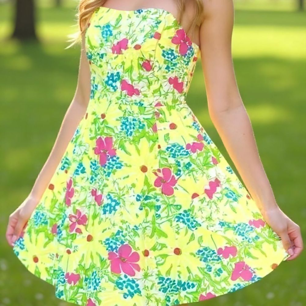 Lilly Pulitzer Strapless Yellow and Pink Floral Cocktail Dress Size 4